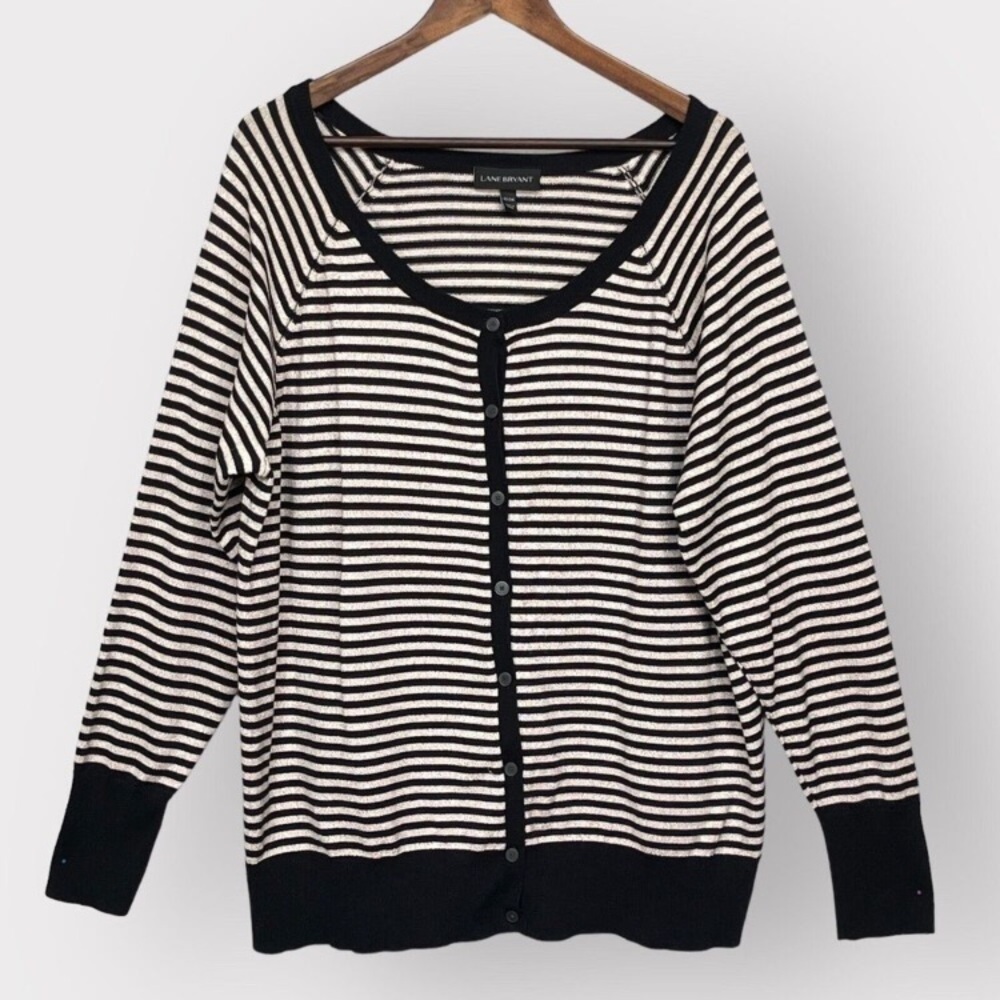 Lane Bryant Button Front Sweater Women 22/24 Black Striped Metallic Knit